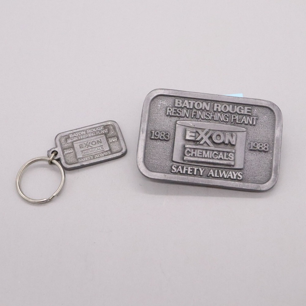 Exxon Chemicals Baton Rouge Resin Finishing Plant Belt Buckle & Keychain 1988 a